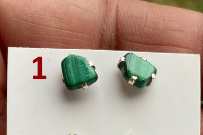 Rough Natural Malachite Sterling Silver Stud Earrings, Tiny Malachite Earrings, Malachite Jewelry, Heart Chakra Stone, Freeform Malachite