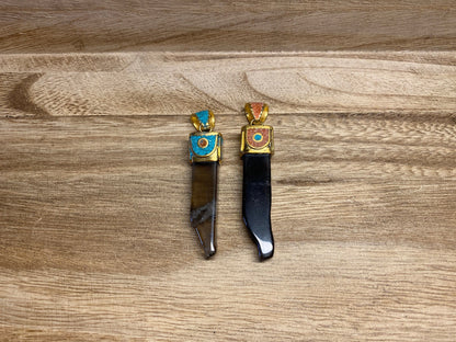 Rough Smoky Quartz Tibetan Pendant, Turquoise & Coral Inlaid, Matte Gold, Natural Stone, For Necklace, Himalayan Ethnic Hill Tribe Jewelry