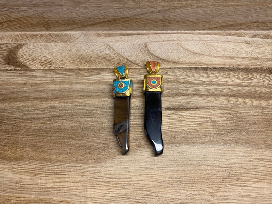 Rough Smoky Quartz Tibetan Pendant, Turquoise & Coral Inlaid, Matte Gold, Natural Stone, For Necklace, Himalayan Ethnic Hill Tribe Jewelry