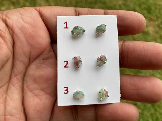 Rough Watermelon Tourmaline Studs Earring, Sterling Silver Studs, Rough Gemstone Earring, Raw Tourmaline Stud Earrings, Natural Stone Studs