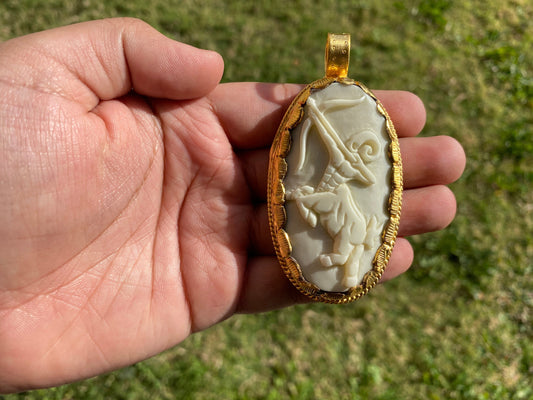 Sagittarius Zodiac Symbol Large Pendant, Hand Carved Buffalo Bone 18K Brushed Gold Overlay, Horoscope Medallion Pendant, Astrology Jewelry
