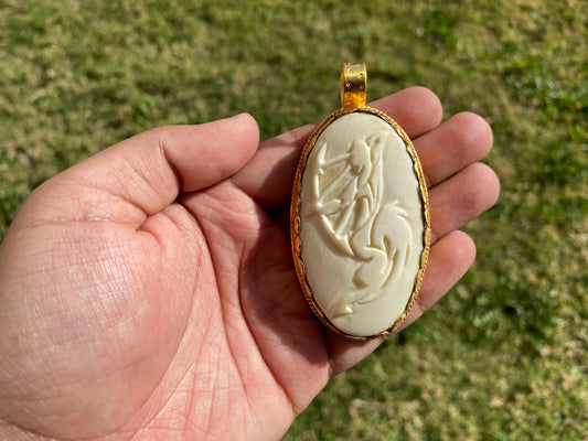 Sagittarius Zodiac Symbol Large Pendant, Hand Carved Buffalo Bone, 18K Brushed Gold Overlay, Horoscope Medallion Pendant, Astrology Jewelry