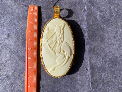Sagittarius Zodiac Symbol Large Pendant, Hand Carved Buffalo Bone, 18K Brushed Gold Overlay, Horoscope Medallion Pendant, Astrology Jewelry