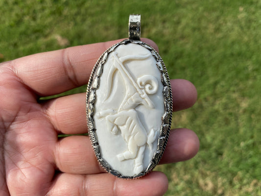 Sagittarius Zodiac Symbol Tibetan Silver Pendant, Hand Carved Buffalo Bone, Horoscope Medallion Pendant, Unisex Pendant, Astrology Jewelry