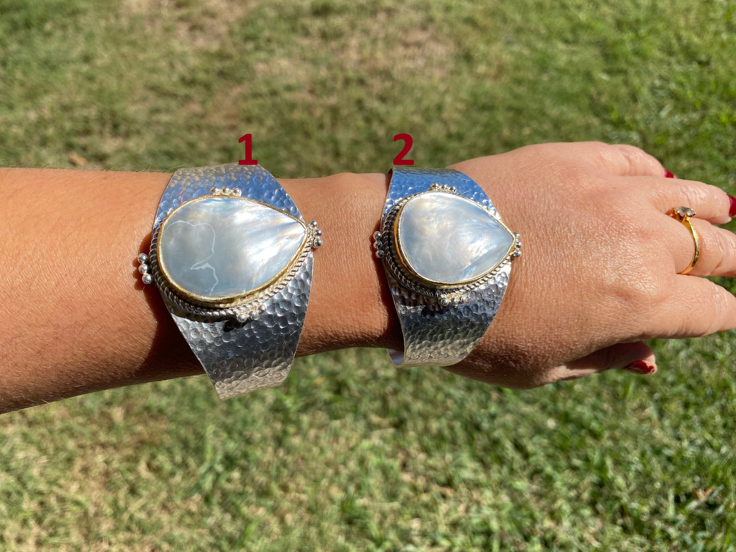 Shell Adjustable Two Tone Cuff Bracelet, Brushed Gold with Silver Overlay, Hammered Bracelet, Wide Cuff, Handcrafted Jewelry, Ocean Elegance