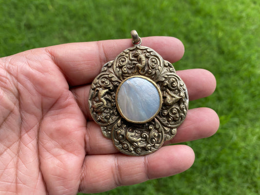 Shell Antique Brass Tibetan Pendant, Hand Carved Tibetan Jewelry, Yoga Jewelry, Boho, Tribal Pendant for Necklace, Ethnic Women Jewelry,
