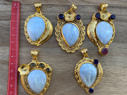 Shell Tibetan Pendant, Amethyst Gemstone Pendant, 18K Brushed Gold Overlay, Pendant for Necklace, Boho Hill tribe Jewelry, Jewelry Supplies