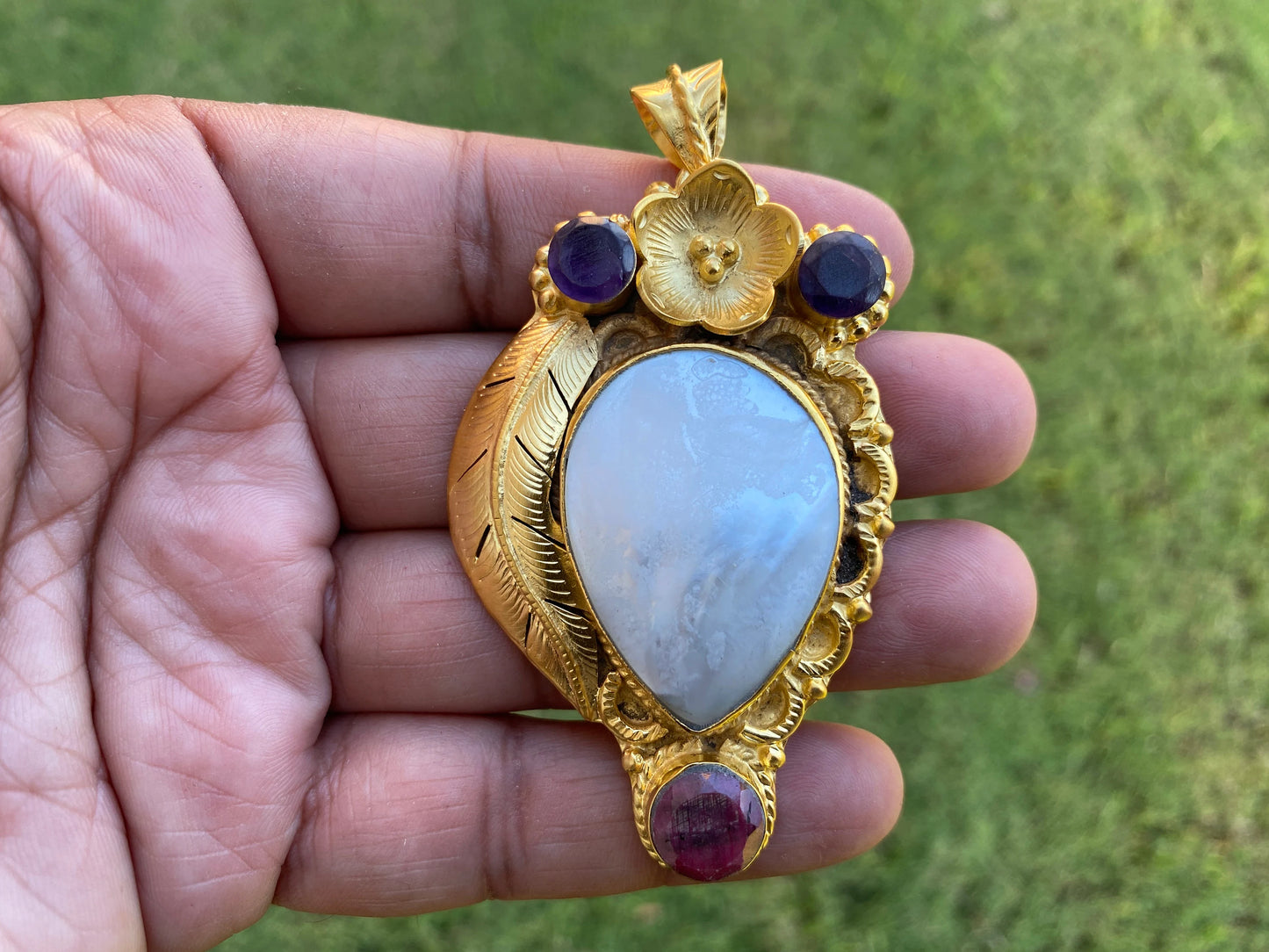 Shell Tibetan Pendant, Amethyst Gemstone Pendant, 18K Brushed Gold Overlay, Pendant for Necklace, Boho Hill tribe Jewelry, Jewelry Supplies