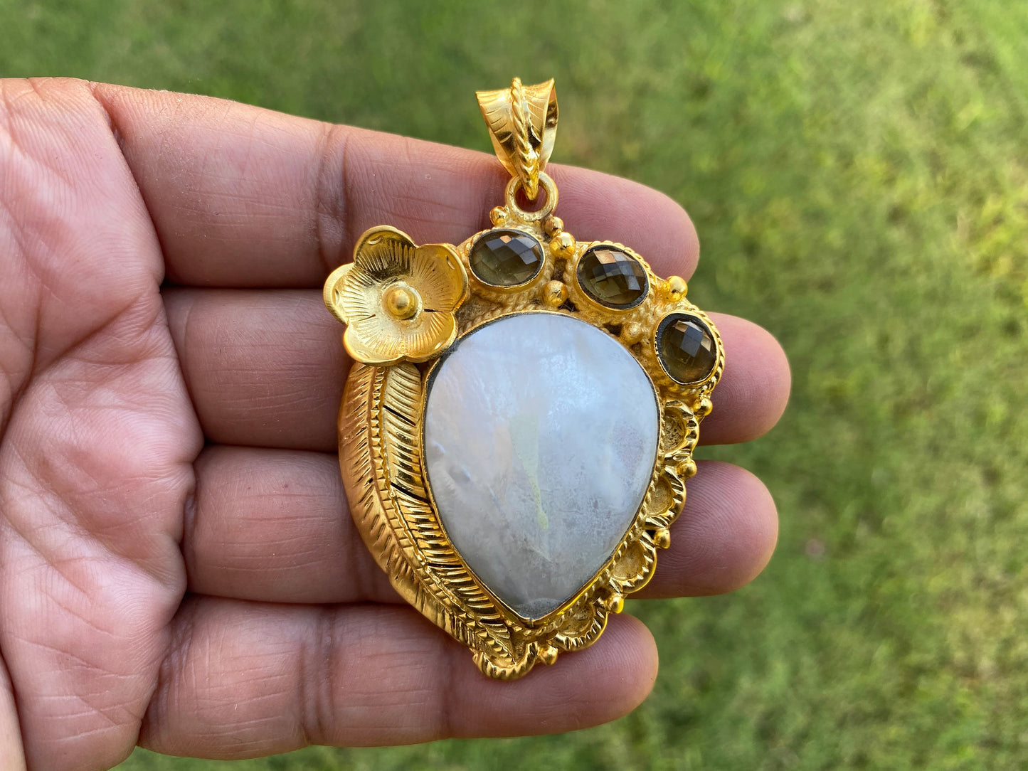 Shell Tibetan Pendant, Amethyst Gemstone Pendant, 18K Brushed Gold Overlay, Pendant for Necklace, Boho Hill tribe Jewelry, Jewelry Supplies