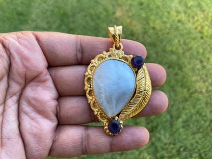 Shell Tibetan Pendant, Amethyst Gemstone Pendant, 18K Brushed Gold Overlay, Pendant for Necklace, Boho Hill tribe Jewelry, Jewelry Supplies