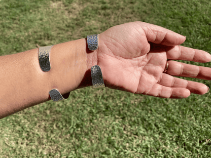 Shell Adjustable Two Tone Cuff Bracelet, Brushed Gold with Silver Overlay, Hammered Bracelet, Wide Cuff, Handcrafted Jewelry, Ocean Elegance