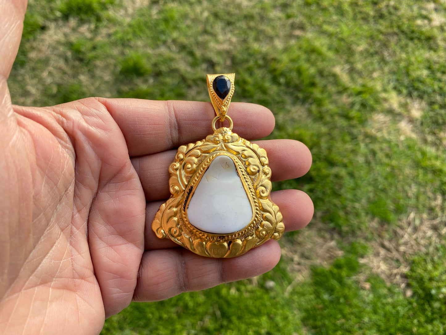 Shell with Black Onyx Gemstone Pendant, Brushed Gold Overlay, Tibetan Jewelry, Boho Style, Shell Pendant for Necklace, Ethnic Jewelry