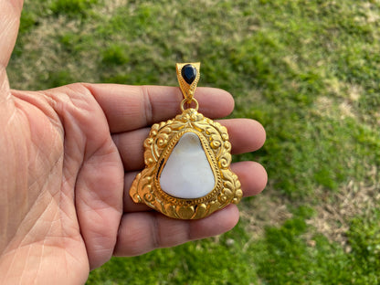 Shell with Black Onyx Gemstone Pendant, Brushed Gold Overlay, Tibetan Jewelry, Boho Style, Shell Pendant for Necklace, Ethnic Jewelry