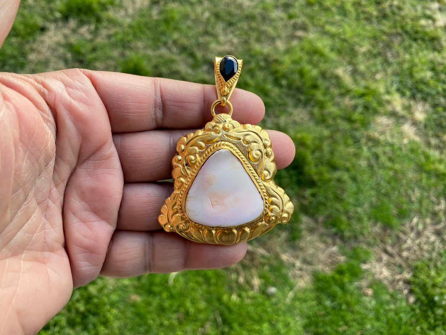 Shell with Black Onyx Gemstone Pendant, Brushed Gold Overlay, Tibetan Jewelry, Boho Style, Shell Pendant for Necklace, Ethnic Jewelry