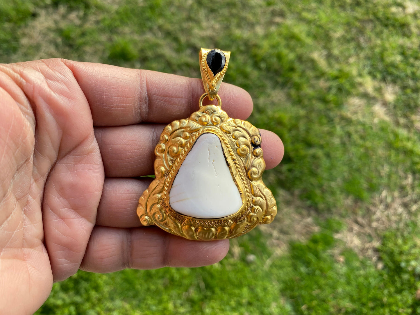 Shell with Black Onyx Gemstone Pendant, Brushed Gold Overlay, Tibetan Jewelry, Boho Style, Shell Pendant for Necklace, Ethnic Jewelry
