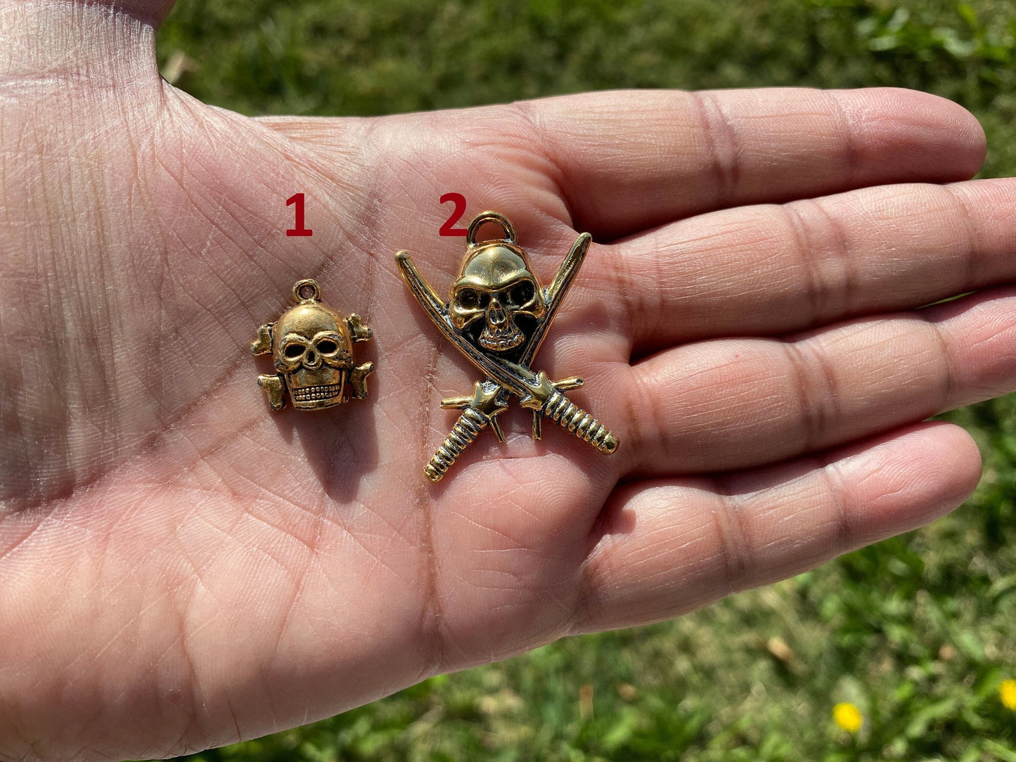 Skull 18k Brushed Non Tarnish Gold Overlay Pendant, Skull Gold Charm, Small Skull with Swords, Men's Jewelry, Gift for Him, For Dainty Chain