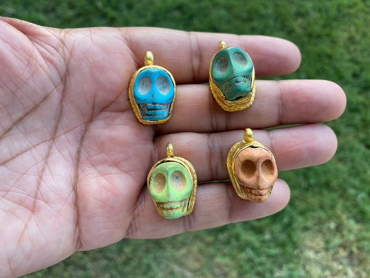 Skull Howlite Turquoise Pendant, Bracelet Charm, Brushed Gold Overlay, Tibetan Pendant, Handmade Himalayan Tribe Jewelry, Jewelry Supplies