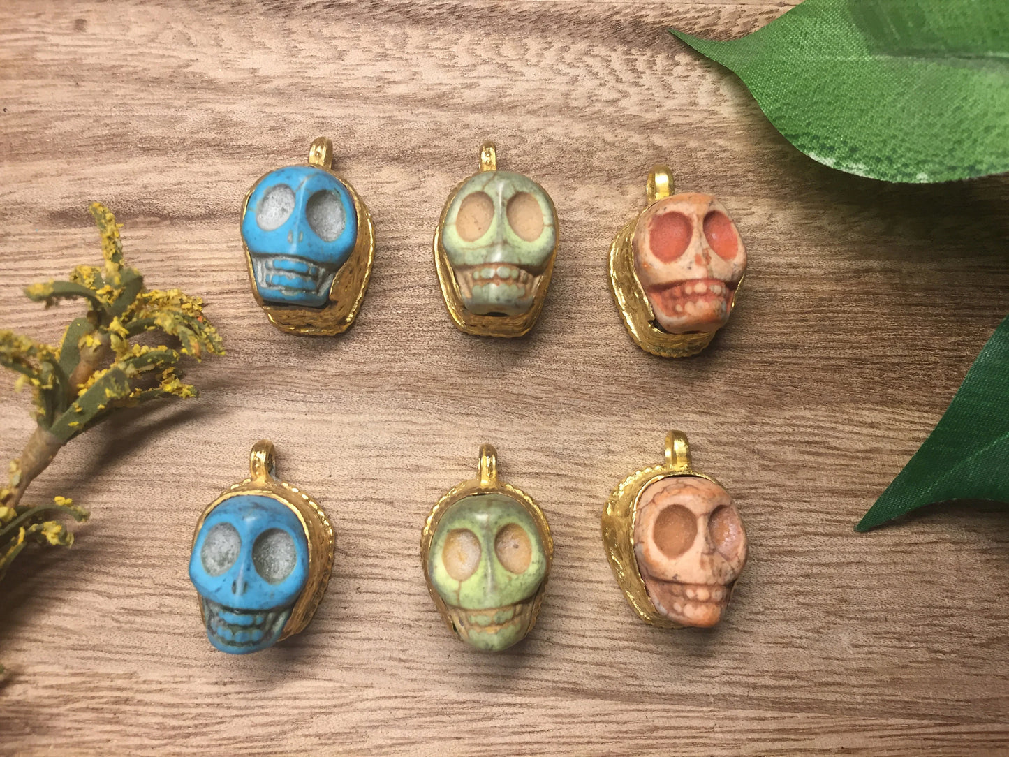 Skull Howlite Turquoise Pendant, Bracelet Charm, Brushed Gold Overlay, Tibetan Pendant, Handmade Himalayan Tribe Jewelry, Jewelry Supplies