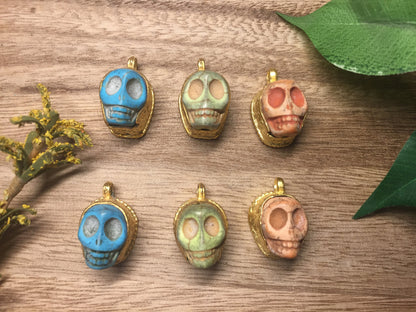 Skull Howlite Turquoise Pendant, Bracelet Charm, Brushed Gold Overlay, Tibetan Pendant, Handmade Himalayan Tribe Jewelry, Jewelry Supplies