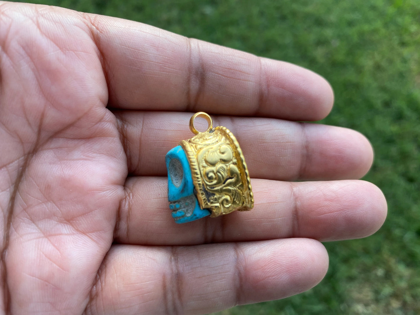 Skull Howlite Turquoise Pendant, Bracelet Charm, Brushed Gold Overlay, Tibetan Pendant, Handmade Himalayan Tribe Jewelry, Jewelry Supplies