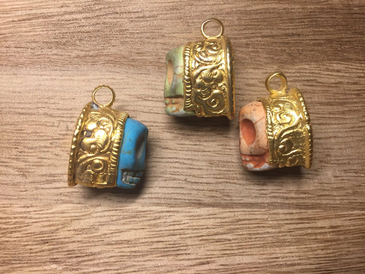 Skull Howlite Turquoise Pendant, Bracelet Charm, Brushed Gold Overlay, Tibetan Pendant, Handmade Himalayan Tribe Jewelry, Jewelry Supplies