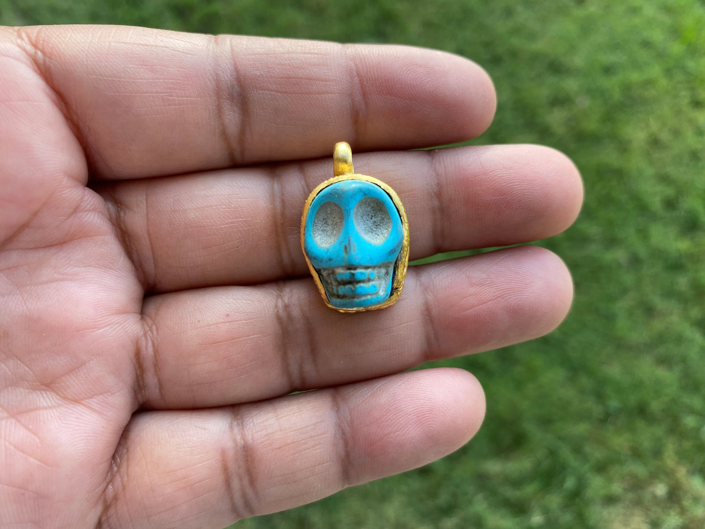 Skull Howlite Turquoise Pendant, Bracelet Charm, Brushed Gold Overlay, Tibetan Pendant, Handmade Himalayan Tribe Jewelry, Jewelry Supplies