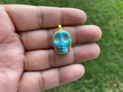 Skull Howlite Turquoise Pendant, Bracelet Charm, Brushed Gold Overlay, Tibetan Pendant, Handmade Himalayan Tribe Jewelry, Jewelry Supplies