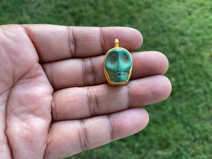 Skull Howlite Turquoise Pendant, Bracelet Charm, Brushed Gold Overlay, Tibetan Pendant, Handmade Himalayan Tribe Jewelry, Jewelry Supplies