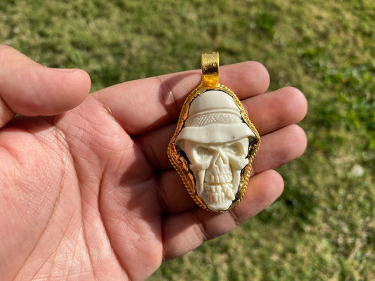 Skull Pendant, Hand Carved Buffalo Bone, High Quality 18k Brushed Gold Overlay Non Tarnish, Unisex Skull Pendant, Gift for Him