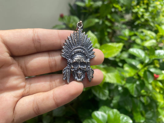 Skull With a Feathered Crown Brass Pendant | Tibetan Silver Overlay Pendant, Skull Locket, Skull Pendant, Boho Jewelry, Heavy Metal Wear