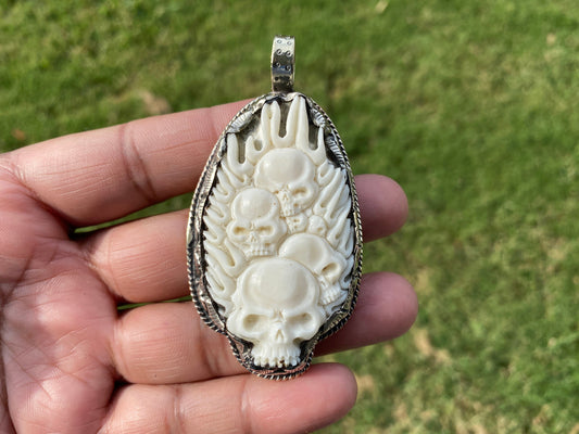 Skull on Fire Carved Bone Pendant, Gothic Jewelry, Fire Skull Jewelry, Unique Rude Jewelry, Unisex Pendant, Skull Jewelry, Gift for Men