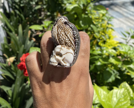 Skull and Eagle Carved on Water Buffalo Bone Tibetan Silver Ring, Unisex Adjustable Skull Ring, Boho Hippie Jewelry, Unique Gift