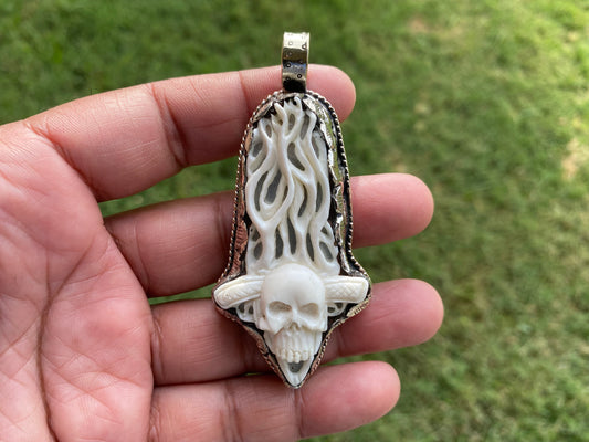 Skull on Fire Carved Bone Pendant, Gothic Jewelry, Fire Skull Jewelry, Unique Rude Jewelry, Unisex Pendant, Skull Jewelry, Gift for Men