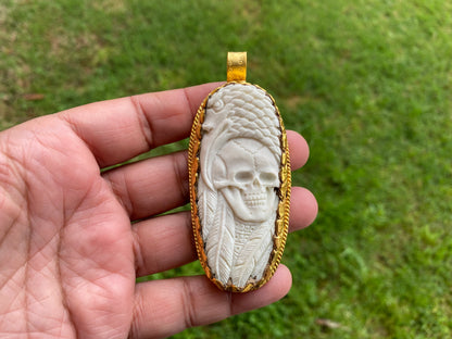 Skull with Eagle Pendant, High Quality 18K Matte Gold Overlay Non Tarnish, Carved Buffalo Bone, Unisex Skull Pendant, for Men or Women, Boho