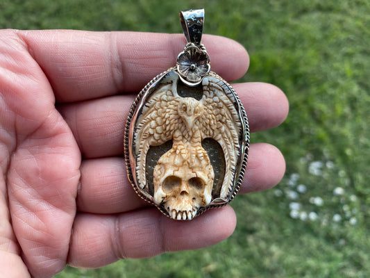 Skull with Eagle Tibetan Silver Pendant Carved Buffalo Bone Pendant, Unisex Skull Pendant, Jewelry for Men or Women, Sugar Skull, Skeleton