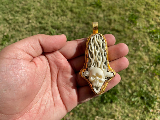 Skull with Fire Carved Bone Pendant, High Quality 18K Brushed Gold Overlay Non Tarnish, Unisex Skull Pendant, Gift for Him, Gothic Jewelry