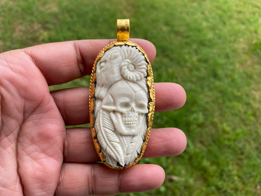 Skull with Sheep, High Quality 18k Matte Gold Overlay Non Tarnish Buffalo Bone Pendant, Large Skull Pendant, for Men or Women, Sugar Skull