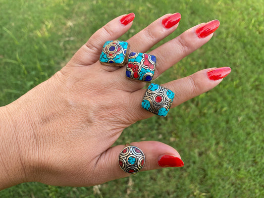 Small Adjustable Tibetan Silver Ring, Turquoise, Coral & Lapis Inlay Ring, Statement Ring, Ethnic Women Ring, Bohemian Hill Tribe Jewelry