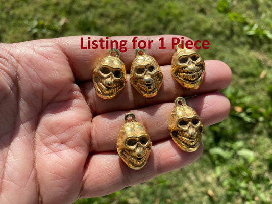Small African Skull Pendent Charm, 18k Non Tarnish Brushed Gold Overlay, Tribal Jewelry, Jewelry Supplies, Skeleton Charm, Gothic Charms