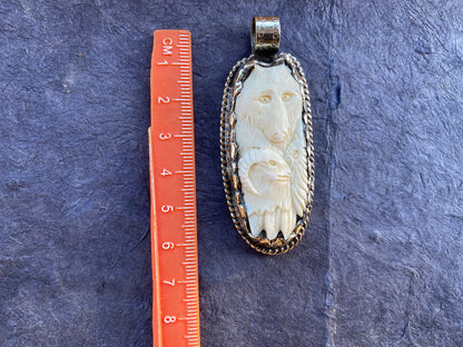 Small Bear with Sheep Hand carved Buffalo Bone Tibetan Silver Pendant, Unisex Necklace Pendant, Animal Lovers Jewelry, Tribal Jewelry, Boho