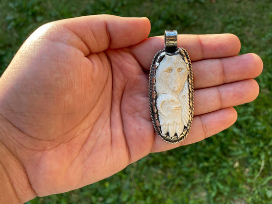 Small Bear with Sheep Hand carved Buffalo Bone Tibetan Silver Pendant, Unisex Necklace Pendant, Animal Lovers Jewelry, Tribal Jewelry, Boho