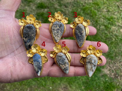Small Brushed Gold Overlay Non Tarnish Pendant with Natural Jasper, Flower Design, Unique Jewelry For Nature Lover, Crystal Pendant