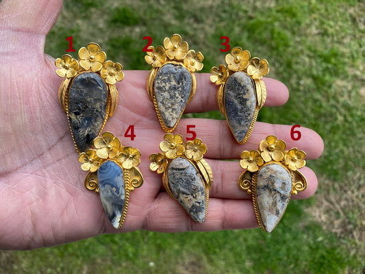 Small Brushed Gold Overlay Non Tarnish Pendant with Natural Jasper, Flower Design, Unique Jewelry For Nature Lover, Crystal Pendant