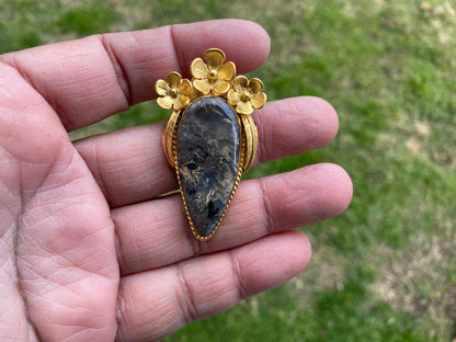 Small Brushed Gold Overlay Non Tarnish Pendant with Natural Jasper, Flower Design, Unique Jewelry For Nature Lover, Crystal Pendant