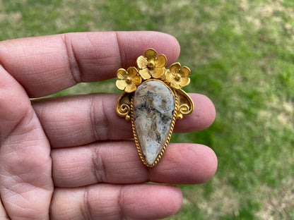 Small Brushed Gold Overlay Non Tarnish Pendant with Natural Jasper, Flower Design, Unique Jewelry For Nature Lover, Crystal Pendant