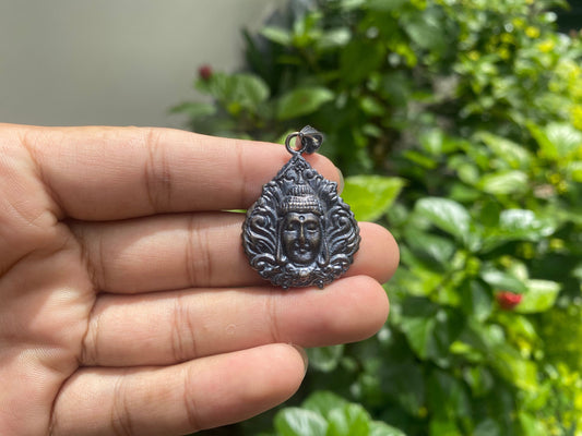 Small Buddha Head Leaf Tibetan Silver Overlay Brass Pendant | Buddhist Jewelry, Pendant for Meditation, Prayer Jewelry, Hand Carved.