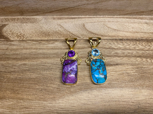 Small Copper Turquoise Pendant, Faceted Blue Topaz or Amethyst Gemstone, Matte Gold Overlay, Natural Stone, Birthstone Pendant for Necklace