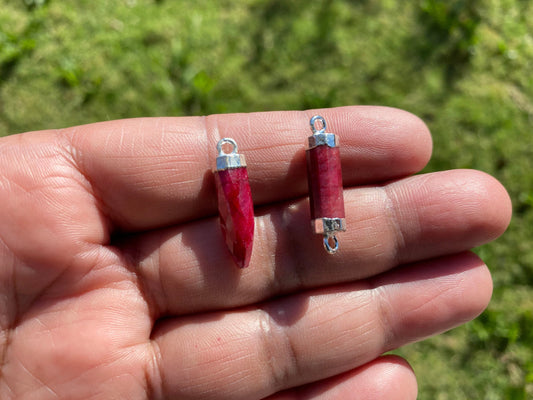 Small Dyed Ruby Charm, Gemstone Connectors, Silver Electroplated Single & Double Bail, Jewelry Making Supply, Faceted Gemstone Connector