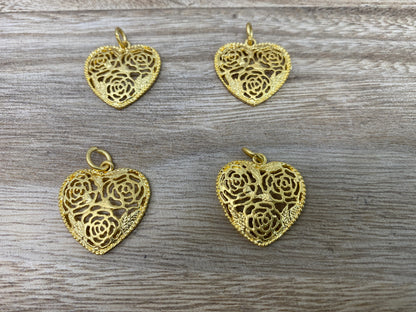 Small Filigree Heart Charms, 18k Matte Gold Overlay, Heart Necklace Charms / Pendant, Bracelet Charms, Gold Plated Finding, Jewelry Supplies