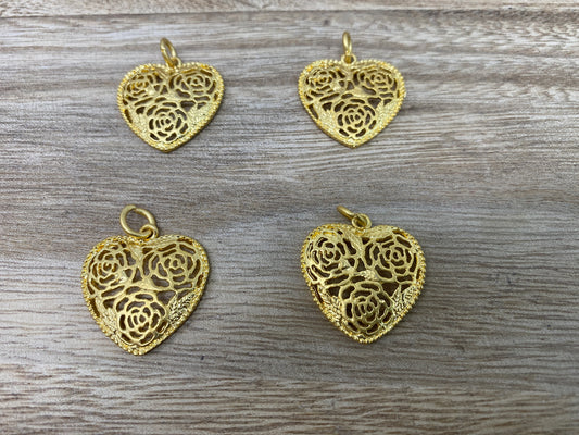 Small Filigree Heart Charms, 18k Matte Gold Overlay, Heart Necklace Charms / Pendant, Bracelet Charms, Gold Plated Finding, Jewelry Supplies